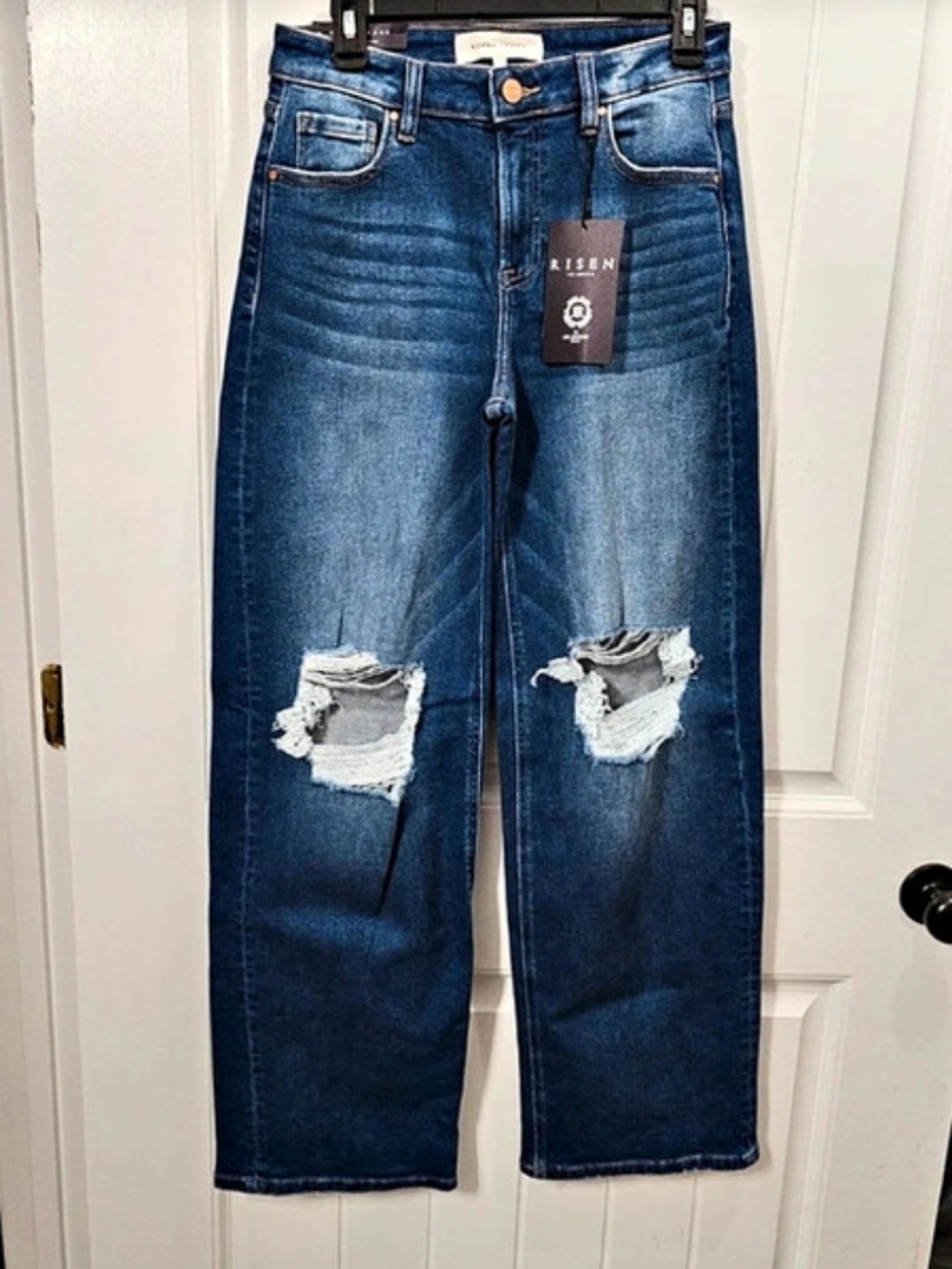 RISEN Distressed Straight Leg Jeans in Blue